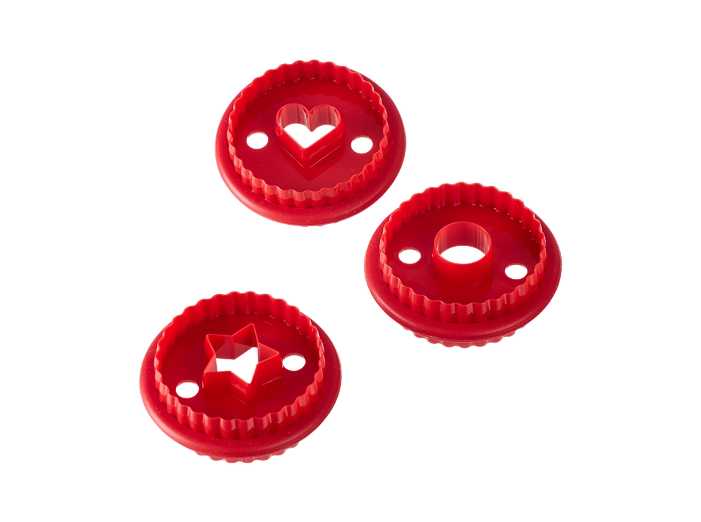 Drei rote Kunststoffzahnräder mit transparenten Formen: ein Herz, ein Kreis und ein Stern in der Mitte, auf weißem Hintergrund platziert.