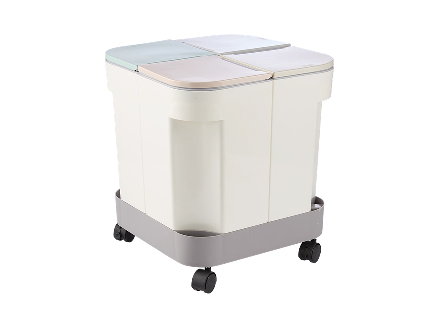 Vierteiliger Abfallbehälter mit pastellfarbenem Deckel auf Rädern vor einem schlichten weißen Hintergrund.