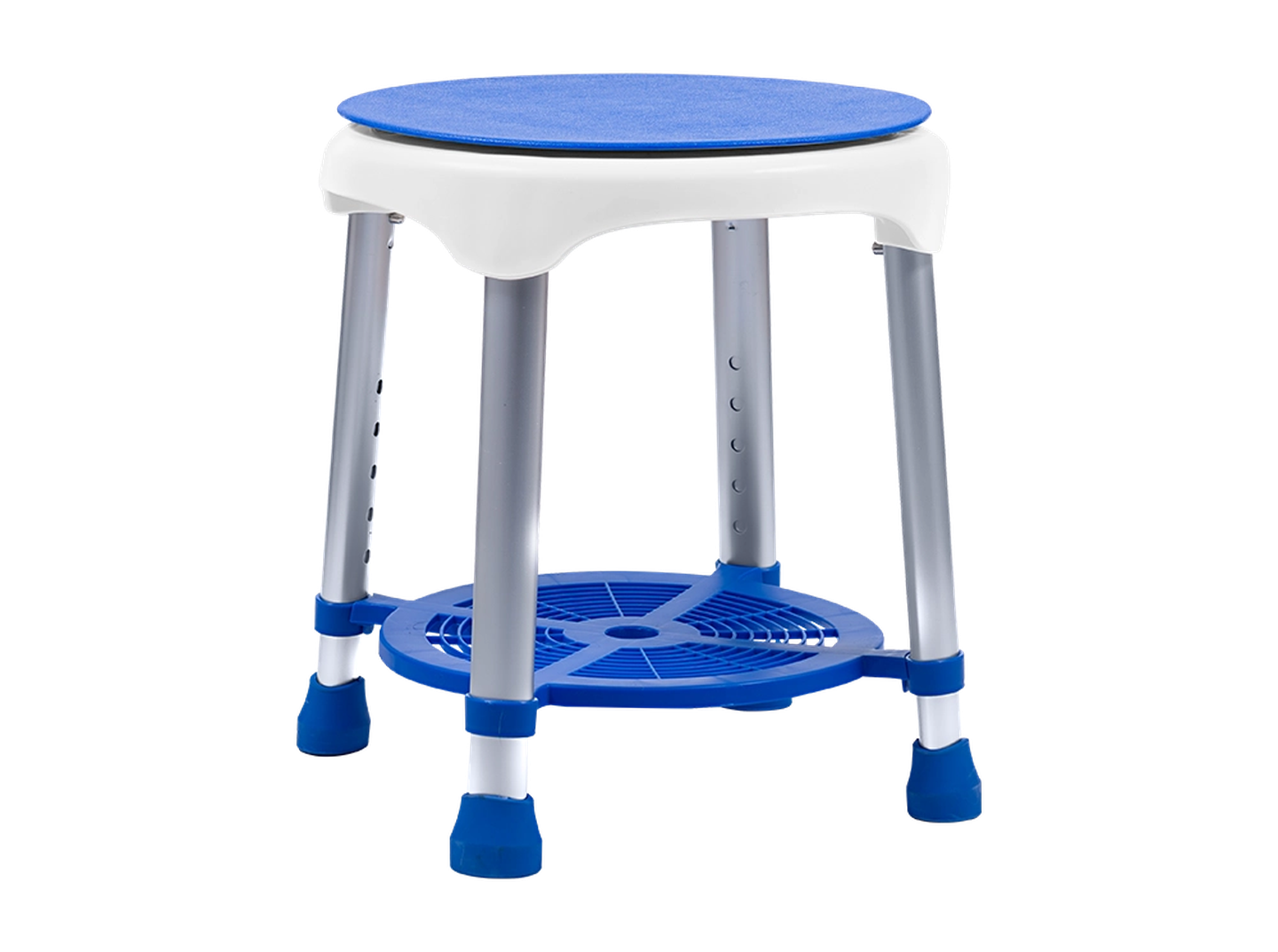 Blau-weißer Duschhocker mit verstellbaren Beinen und einer unteren Ablage, der auf Sicherheit und Komfort ausgelegt ist.