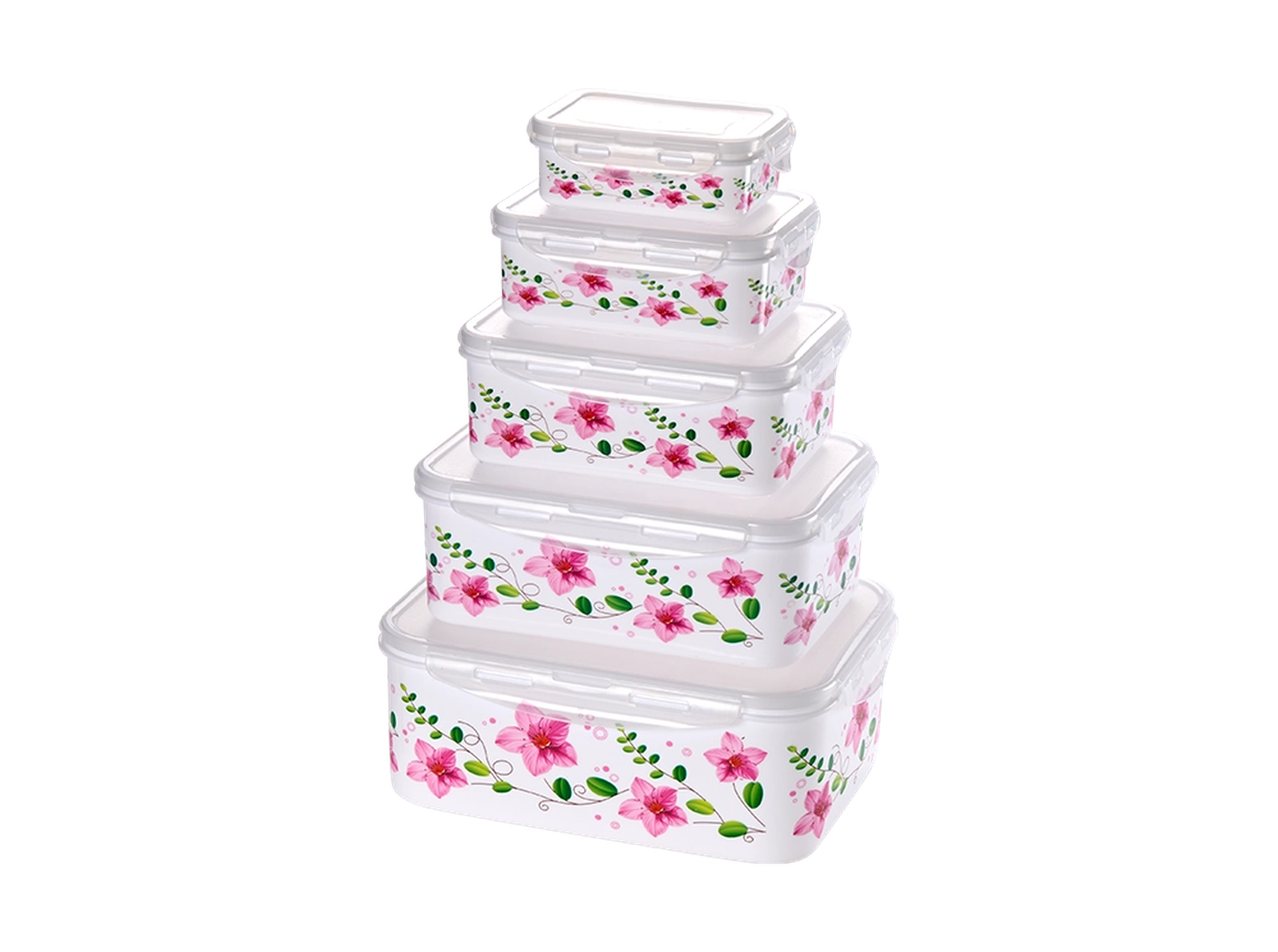 Ein Stapel aus fünf durchsichtigen, rechteckigen Behältern mit rosa Blumenmustern und grünen Blättern, angeordnet vom größten zum kleinsten.