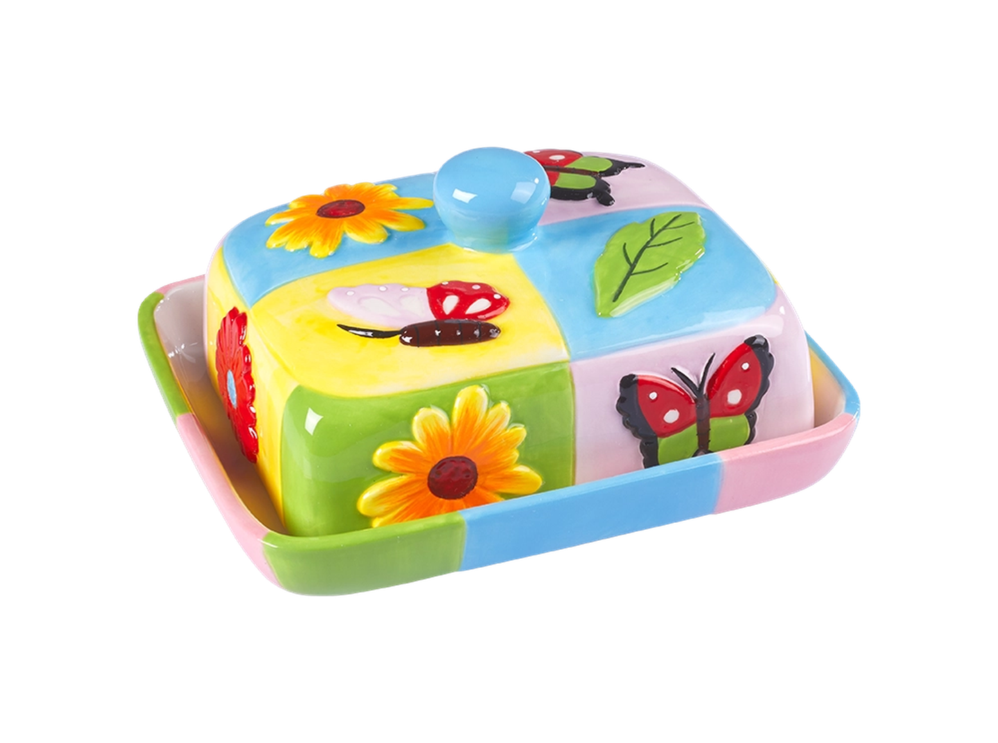 Bunte Butterdose aus Keramik mit einem Deckel, auf dem Blumen, Schmetterlinge und ein Blatt gemalt sind, gekrönt von einem runden blauen Henkel.