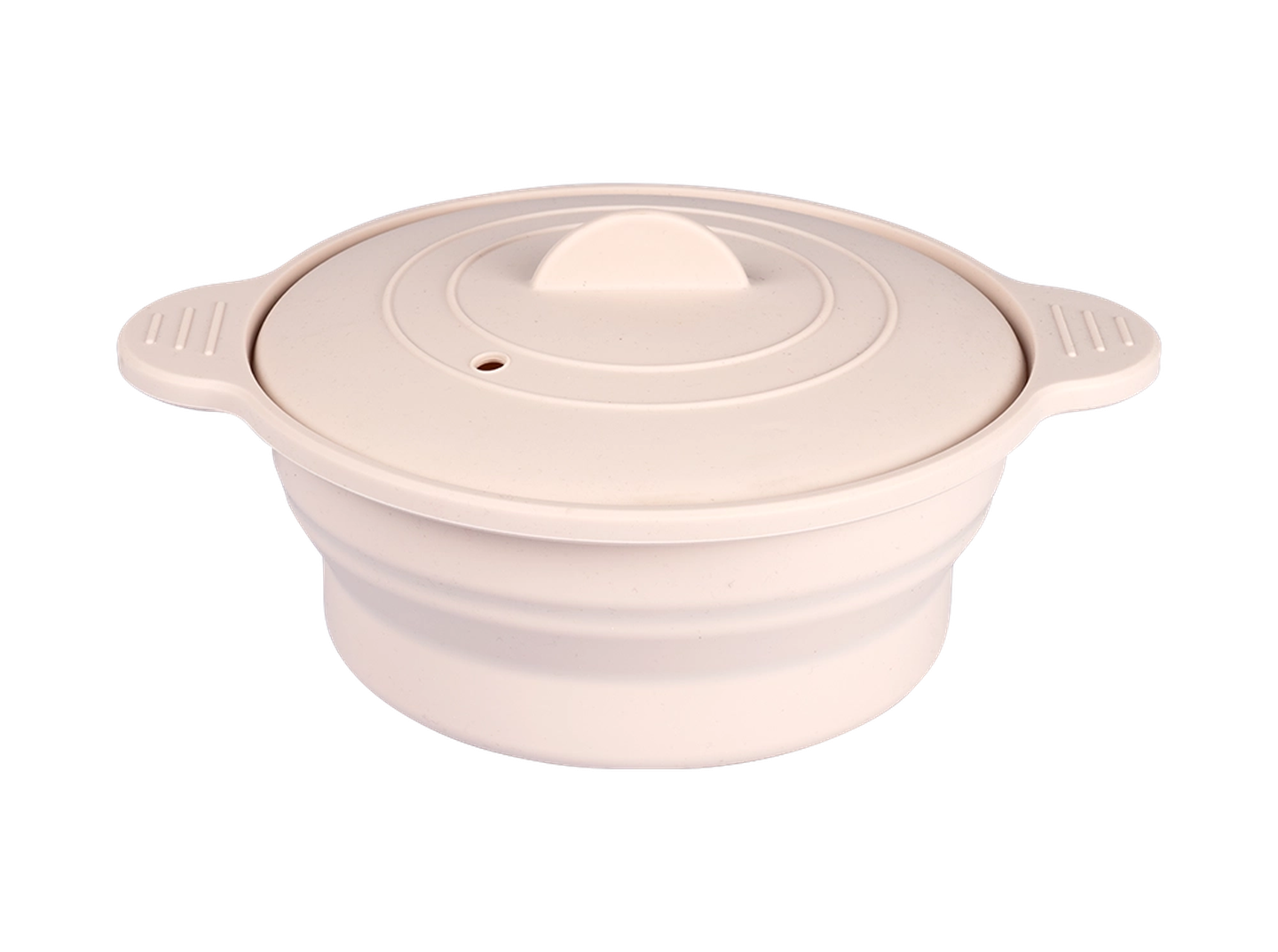 Weißer Mikrowellen Silikon Topf mit Deckel und seitlichen Griffen, mit einer kleinen Dampföffnung im Deckel, vor einem schlichten weißen Hintergrund.