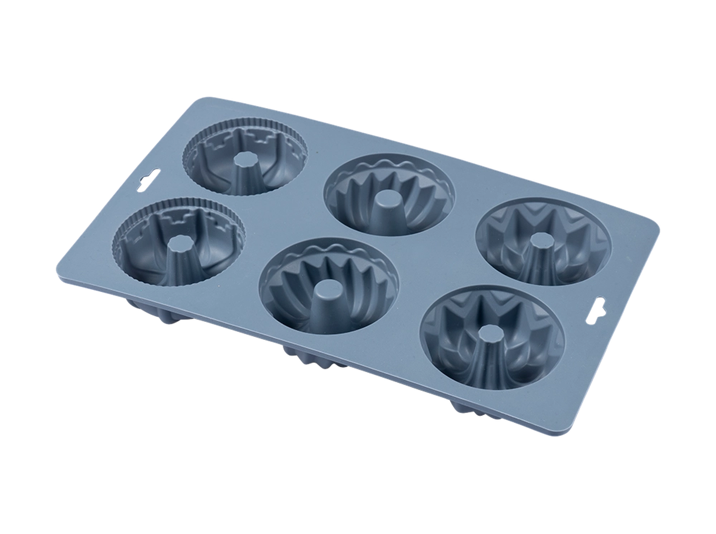 Graue Silikon-Bundt-Kuchenform mit sechs Vertiefungen und geriffelten Rändern auf weißem Hintergrund.