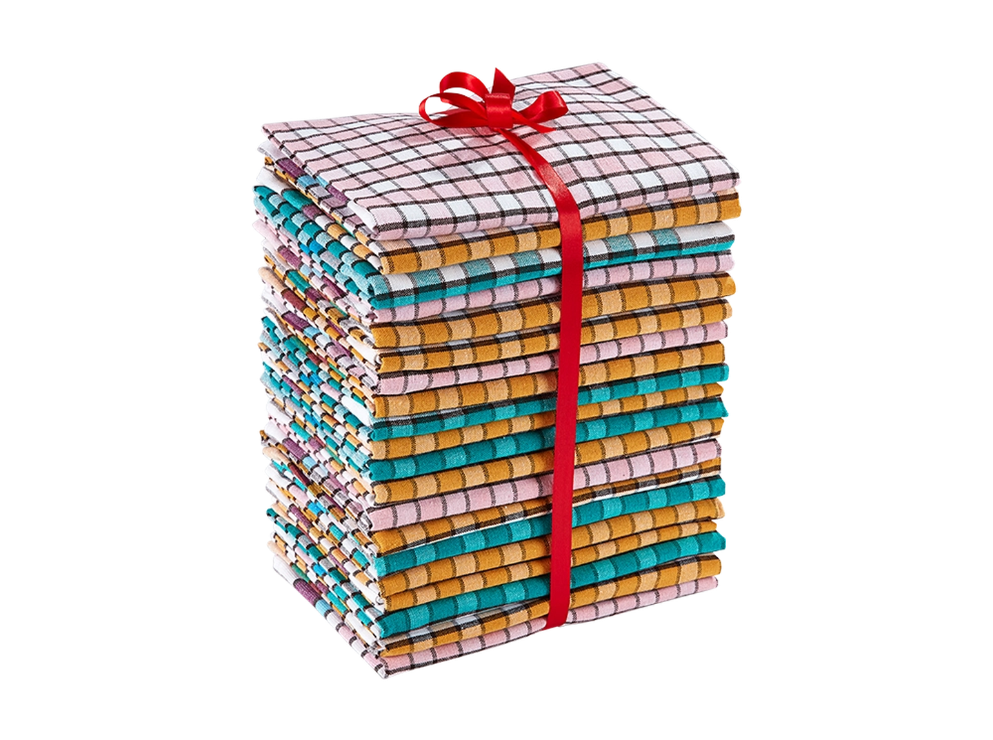 Ein Stapel ordentlich gefalteter, bunter karierter Handtücher, die mit einem roten Band zusammengebunden sind.