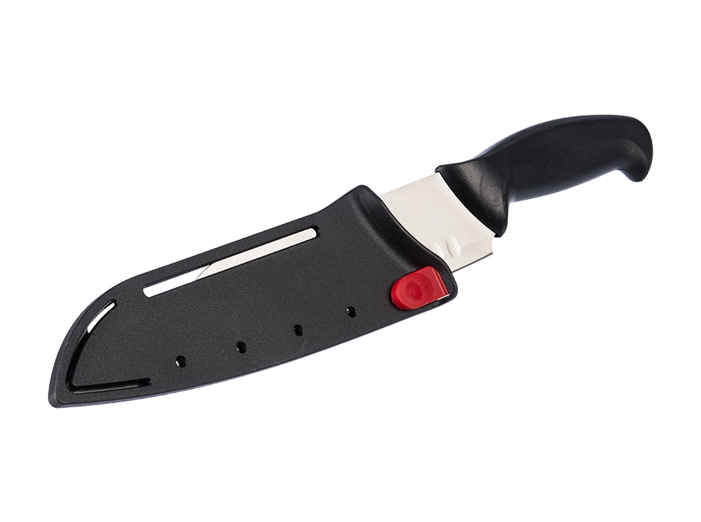 Ein Kochmesser mit schwarzer Klingenabdeckung, rotem Sicherheitsknopf und schwarzem Griff, das auf einer weißen Oberfläche liegt.