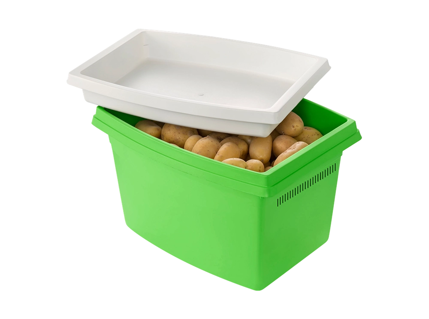 Ein grüner Plastikbehälter, gefüllt mit Kartoffeln, teilweise bedeckt von einem weißen Deckel.