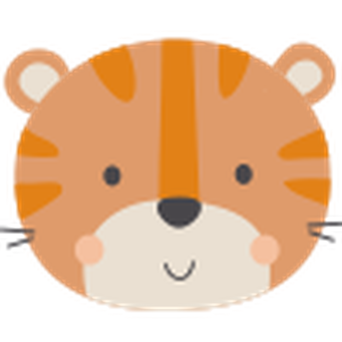Cartoon-Tigergesicht mit orangefarbenem und hellbraunem Fell, schwarzen Streifen und einem niedlichen Ausdruck.