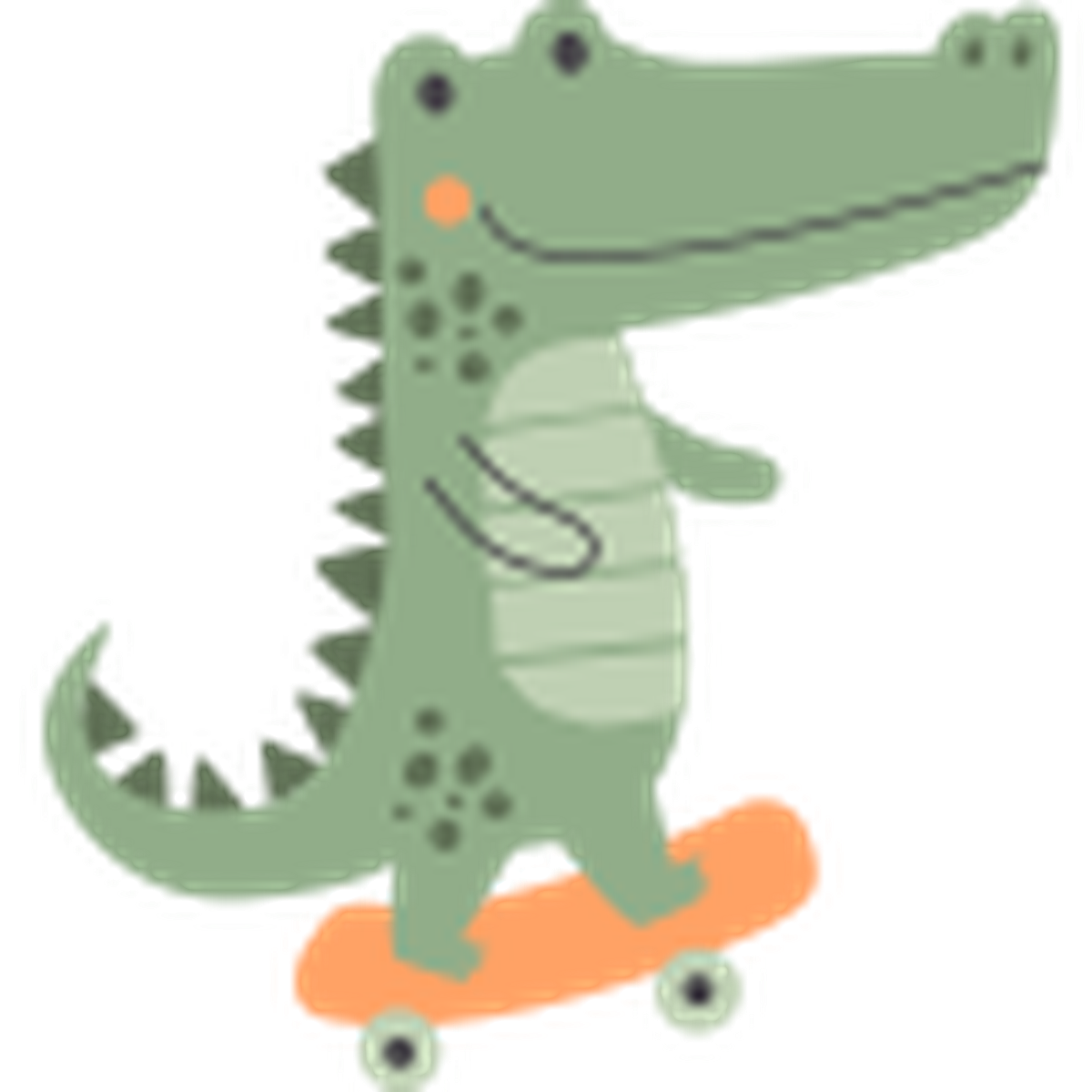 Cartoon-Krokodil, das fröhlich auf einem orangefarbenen Skateboard fährt, mit grünen Schuppen und einem freundlichen Gesichtsausdruck.