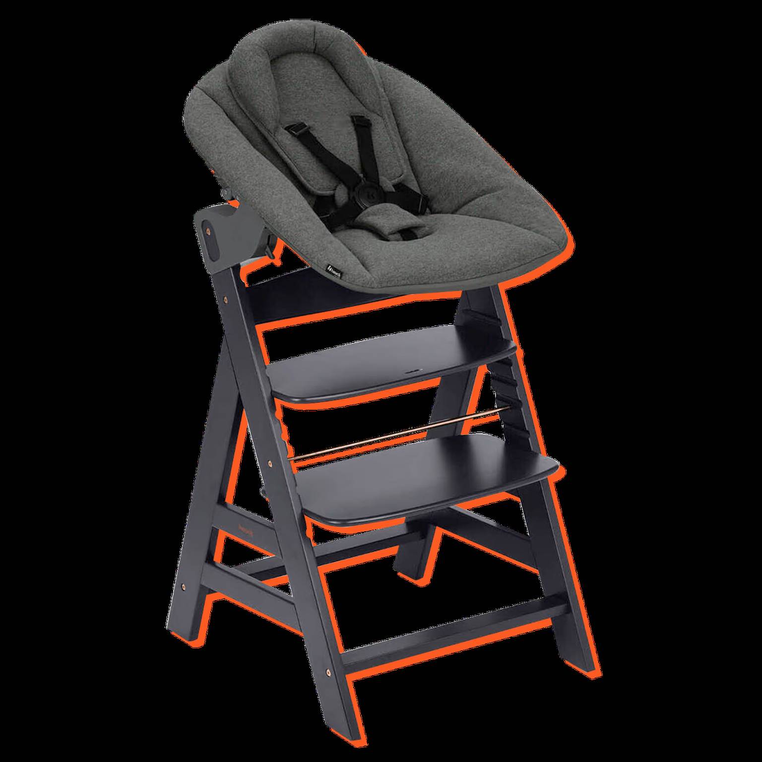 Hauck Alpha Hochstuhl in schwarz mit grauem Newborn-Set.