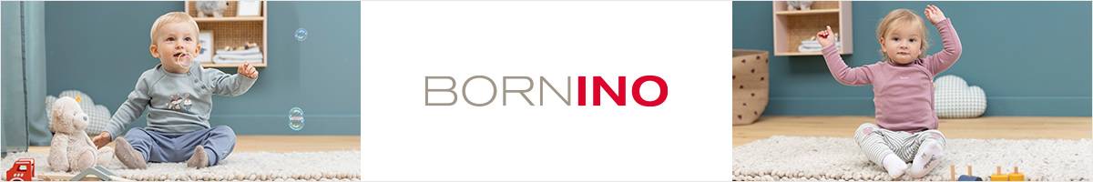 Zwei Kleinkinder sitzen auf einem Teppich und spielen mit Seifenblasen, umgeben von Spielzeug. „BORNINO“-Logo in der Mitte.