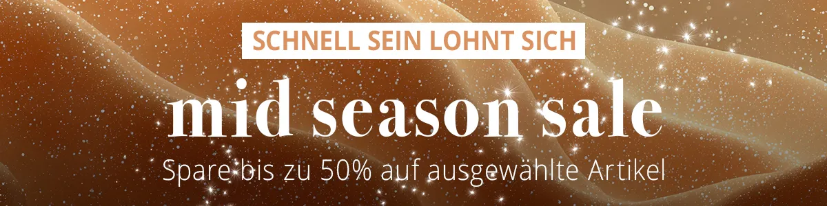 Goldener funkelnder Hintergrund mit Text: „Schnell sein lohnt sich. Mid-Season-Sale. Spare bis zu 50 % auf ausgewählte Artikel!“