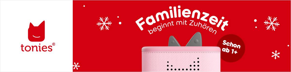 Rote und weiße Tonies-Werbung mit einem lächelnden Katzenlogo und einer rosa Lautsprecherbox mit Katzenohren, die zum gemeinsamen Musikhören mit der Familie animiert.