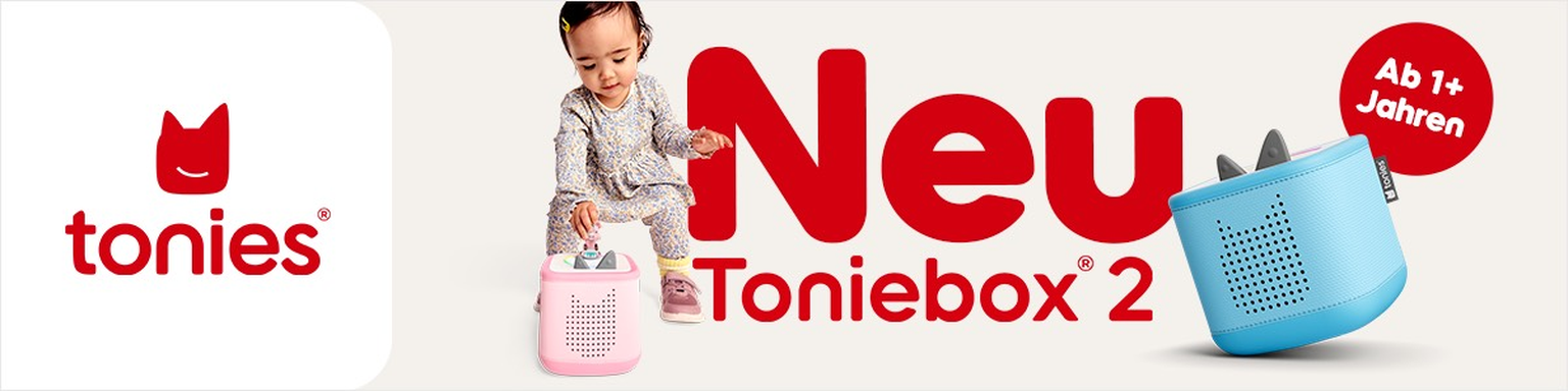 Werbung für Toniebox 2 mit einem Kleinkind, das mit einer rosa Toniebox spielt. Der Text lautet „Neu“ und „Ab 1+ Jahren“, abgebildet ist eine blaue Toniebox.