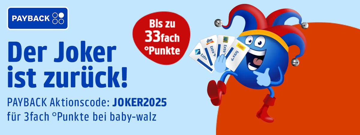 Cartoon-Jokerfigur mit Karten in der Hand, die für das PAYBACK-Punkteangebot mit dem Code „JOKER2025” wirbt, mit dem man bei baby-walz dreifache Punkte sammeln kann.