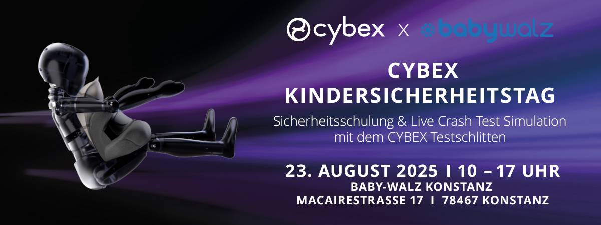 Werbebanner für den CYBEX Kindersicherheitstag am 23. August 2025 (10 - 17 Uhr) mit Sicherheitsschulung und Live Crash Test Simulation mit dem Cybex Testschlitten in Konstanz.