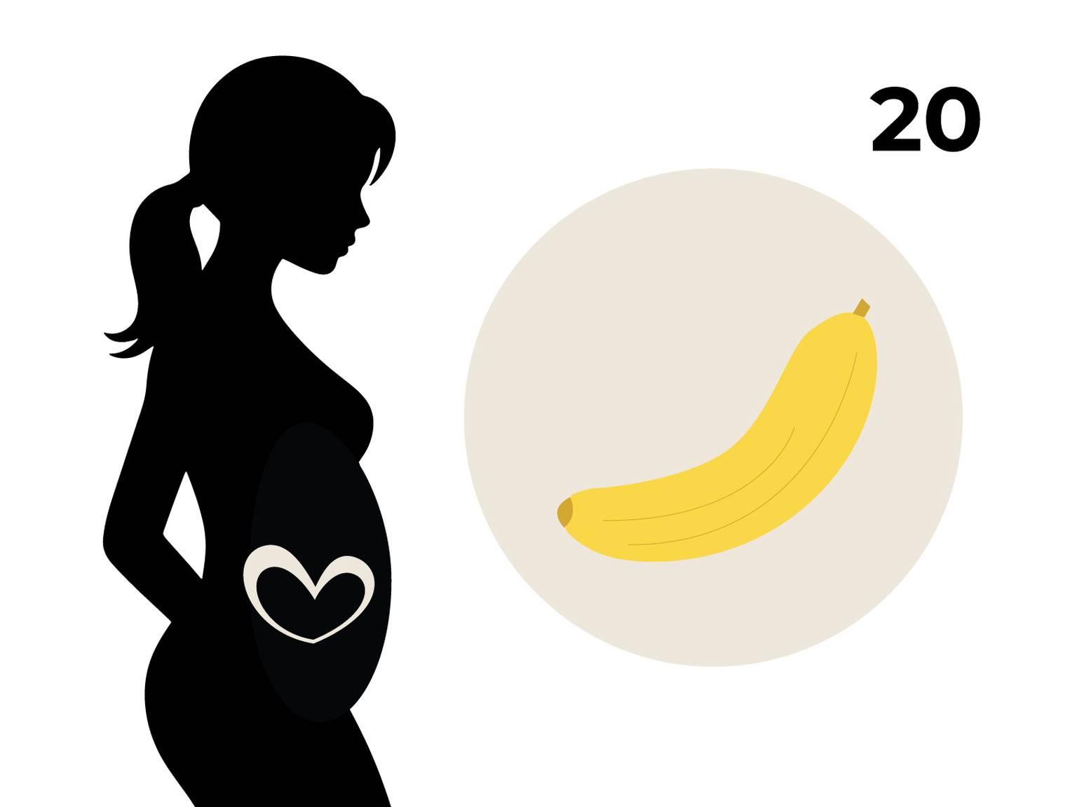 Silhouette einer schwangeren Frau mit einem Herz auf dem Bauch, daneben ein Kreis mit einer Banane und die Zahl 20.
