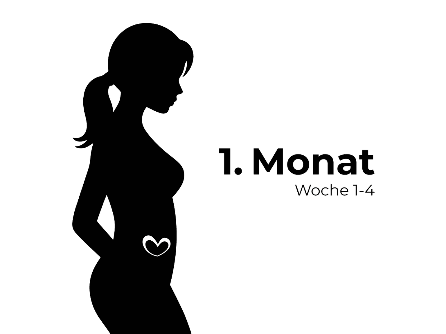 Silhouette einer schwangeren Frau mit einem Herzsymbol auf dem Bauch, beschriftet mit „1. Monat Woche 1-4“ auf weißem Hintergrund.