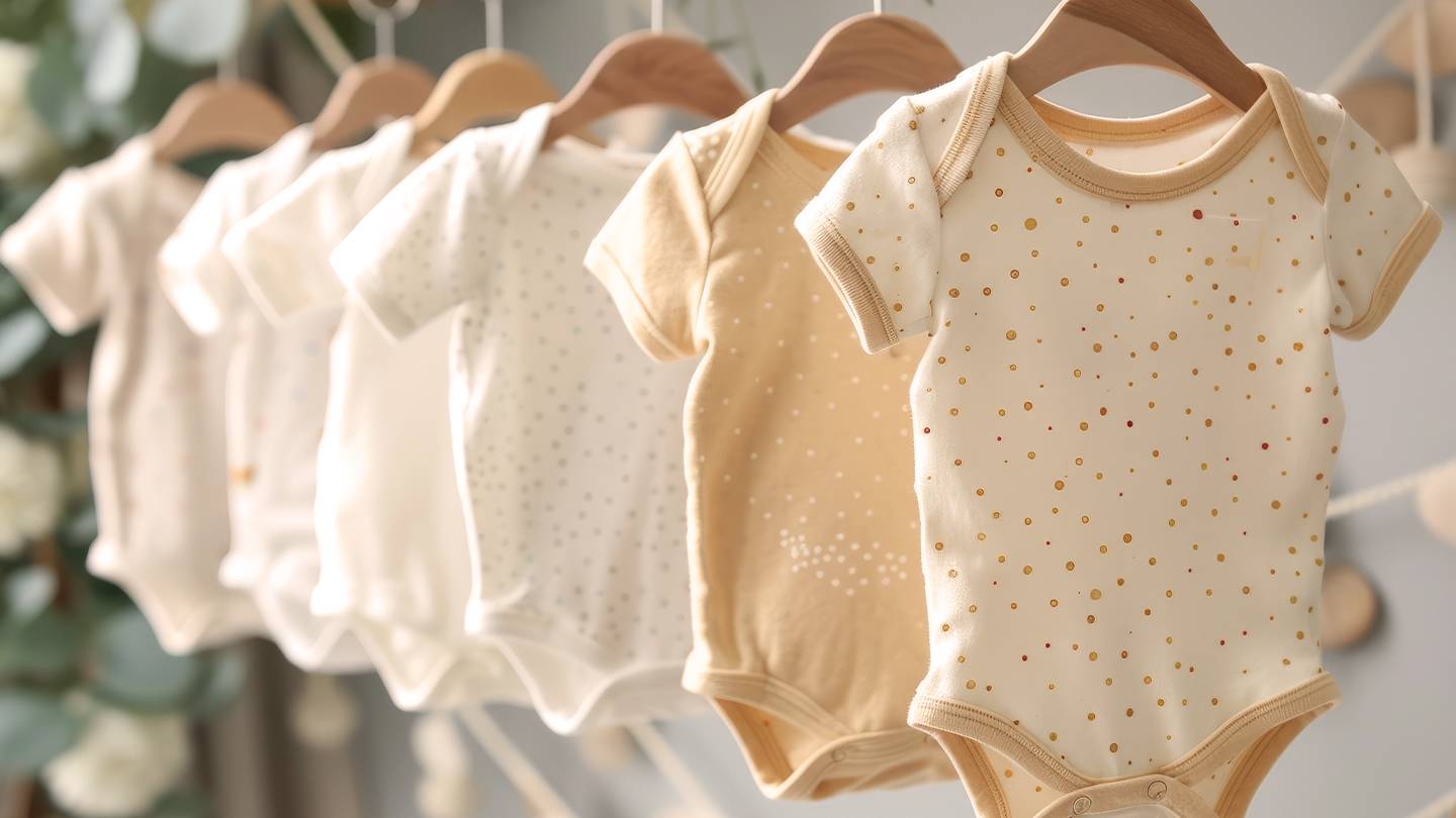 Sechs Baby-Strampler in neutralen Tönen mit Tupfenmuster hängen auf Holzbügeln vor einem weichen, dekorativen Hintergrund.