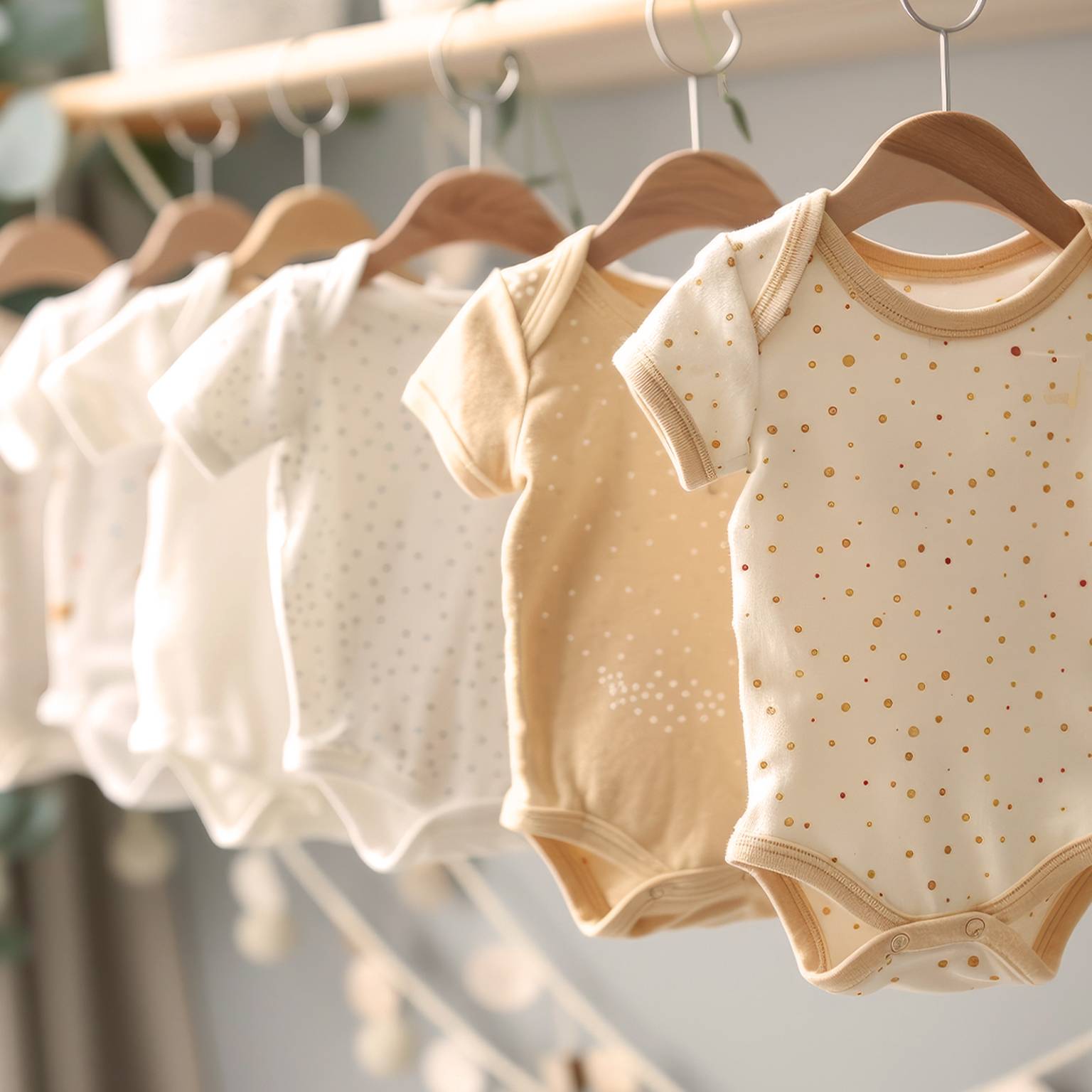 Sechs Baby-Strampler in neutralen Tönen mit Tupfenmuster hängen auf Holzbügeln vor einem weichen, dekorativen Hintergrund.