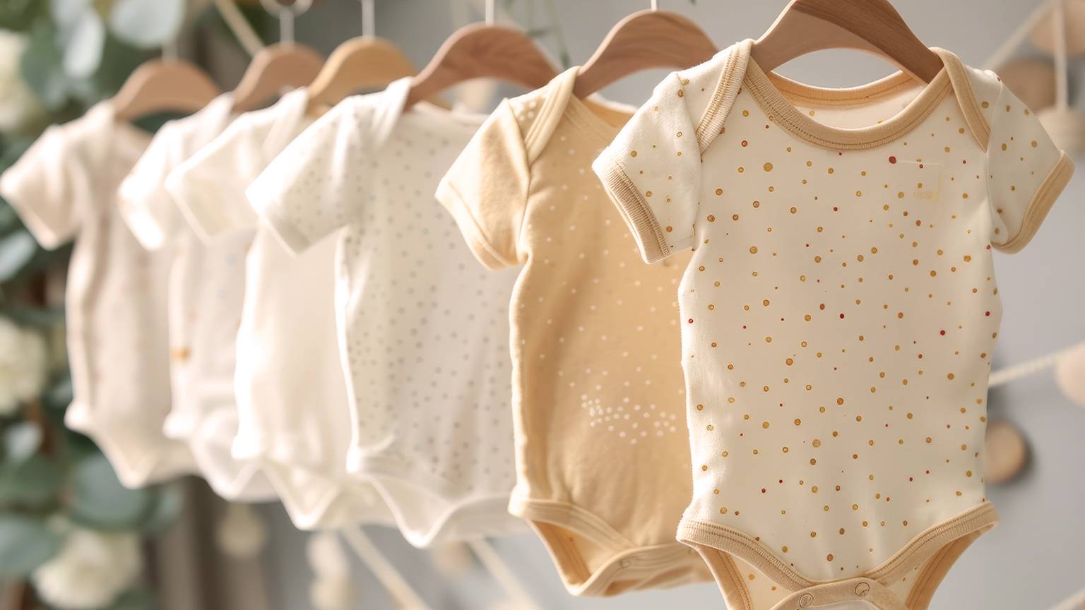 Sechs Baby-Strampler in neutralen Tönen mit Tupfenmuster hängen auf Holzbügeln vor einem weichen, dekorativen Hintergrund.