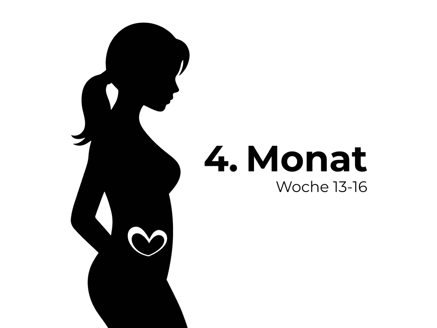 Silhouette einer schwangeren Frau mit einem Herzsymbol auf dem Bauch, beschriftet mit „4. Monat Woche 13-16“ auf weißem Hintergrund.