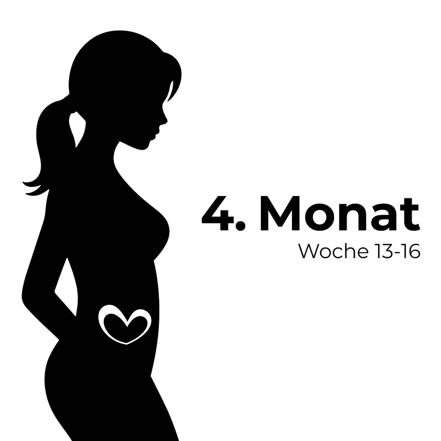 Silhouette einer schwangeren Frau mit einem Herzsymbol auf dem Bauch, beschriftet mit „4. Monat Woche 13-16“ auf weißem Hintergrund.