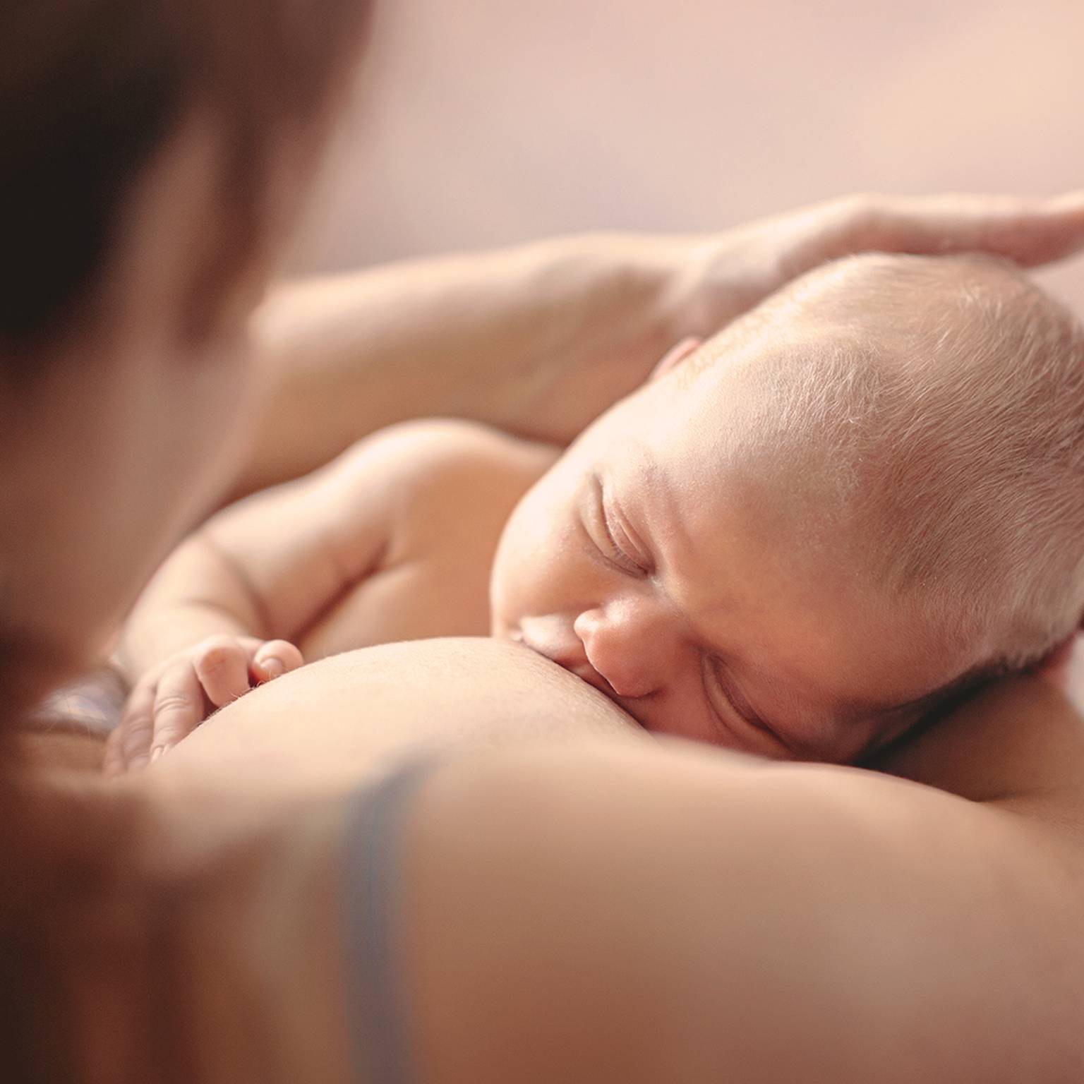 Ein stillendes Baby in den Armen einer Frau, mit einem unscharfen Hintergrund, der eine warme und intime Atmosphäre schafft.