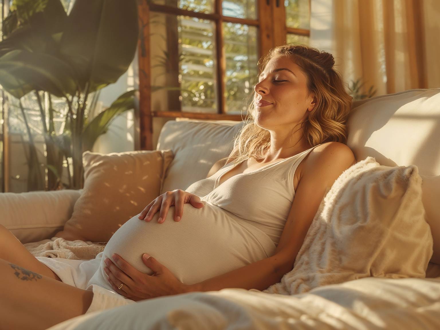 Eine schwangere Frau im weißen Kleid entspannt sich mit friedlichem Gesichtsausdruck auf einem sonnenbeschienenen Sofa, umgeben von Kissen und Pflanzen.