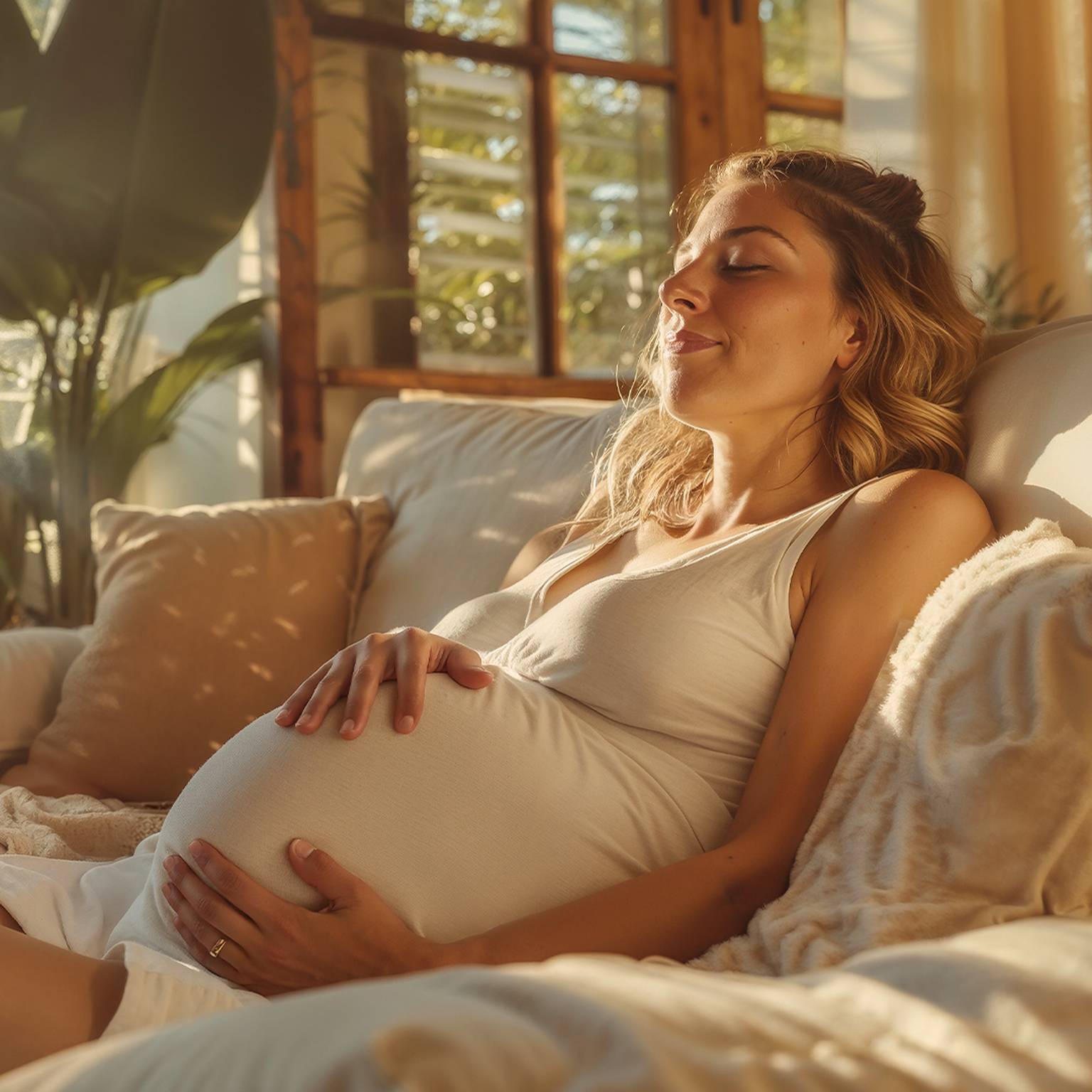 Eine schwangere Frau im weißen Kleid entspannt sich mit friedlichem Gesichtsausdruck auf einem sonnenbeschienenen Sofa, umgeben von Kissen und Pflanzen.