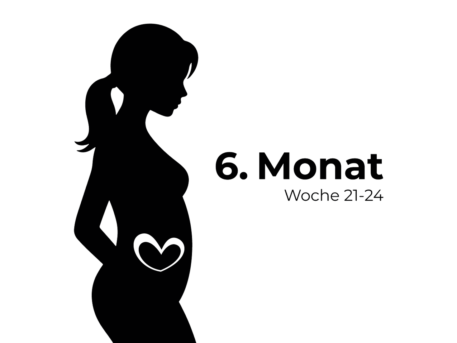 Silhouette einer schwangeren Frau mit einem Herzsymbol auf dem Bauch, beschriftet mit „6. Monat Woche 21-24“ auf weißem Hintergrund.
