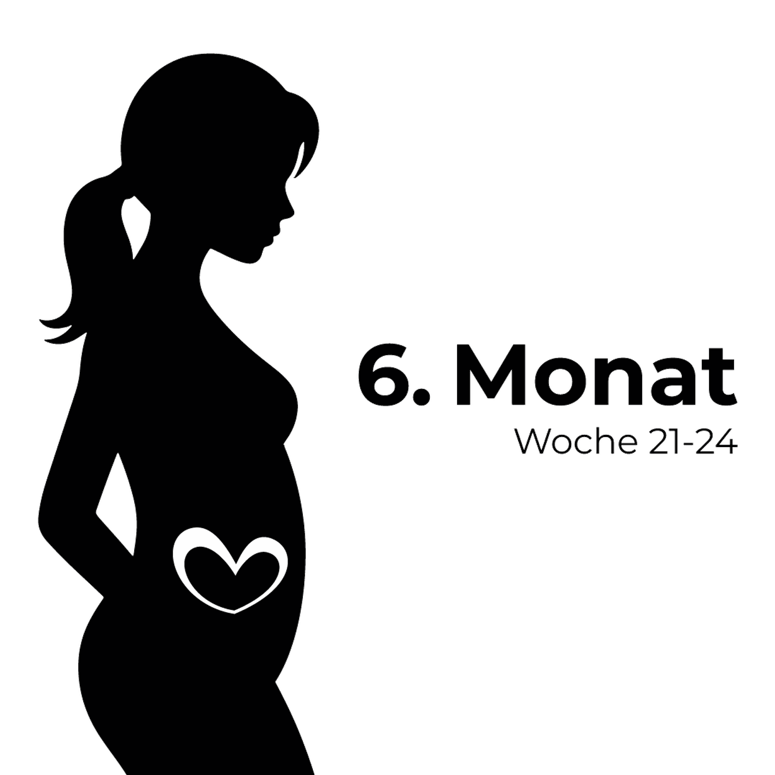 Silhouette einer schwangeren Frau mit einem Herzsymbol auf dem Bauch, beschriftet mit „6. Monat Woche 21-24“ auf weißem Hintergrund.