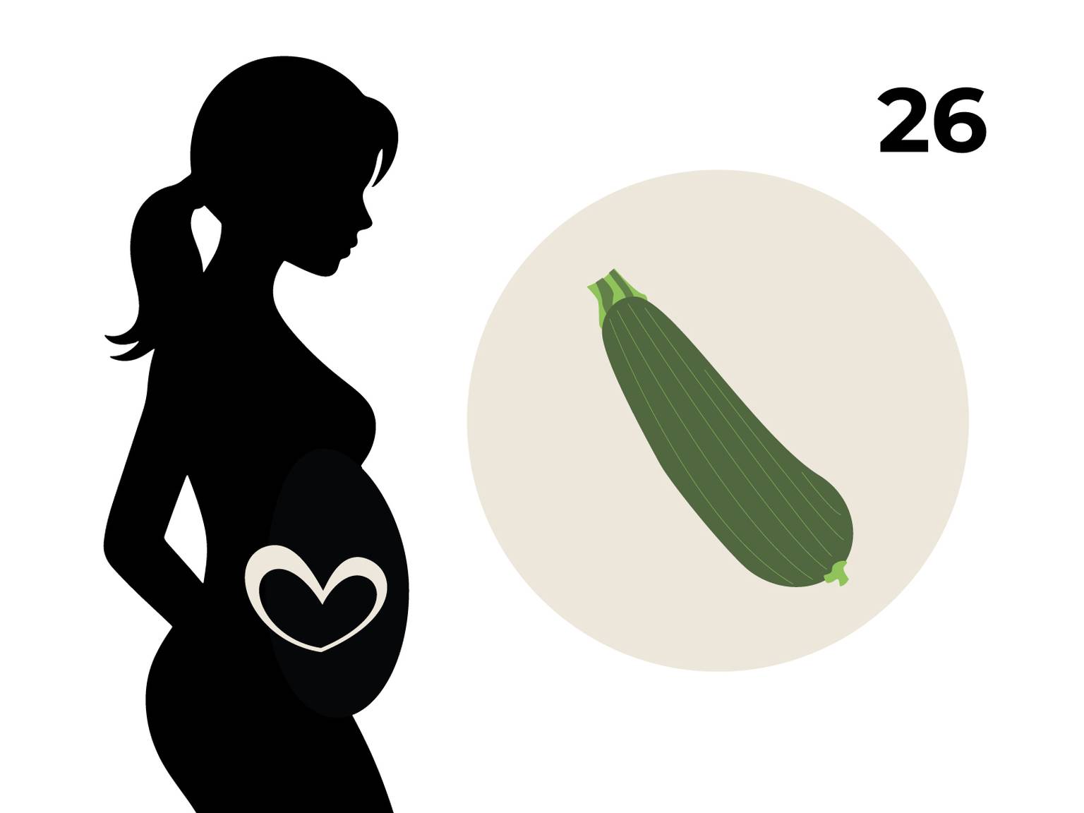 Silhouette einer schwangeren Frau mit einem Herz auf dem Bauch, daneben ein Kreis mit einer Zucchini und die Zahl 26.