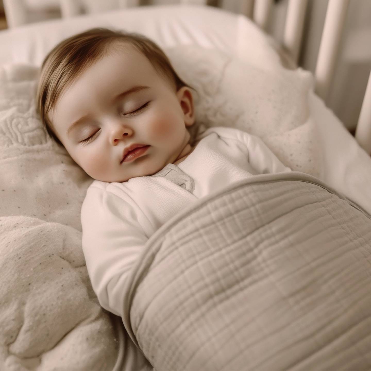 Ein friedliches Baby schläft in einem Kinderbett, eingewickelt in eine weiche beige Decke, mit einem Plüschkissen und einem kuscheligen weißen Strampler.