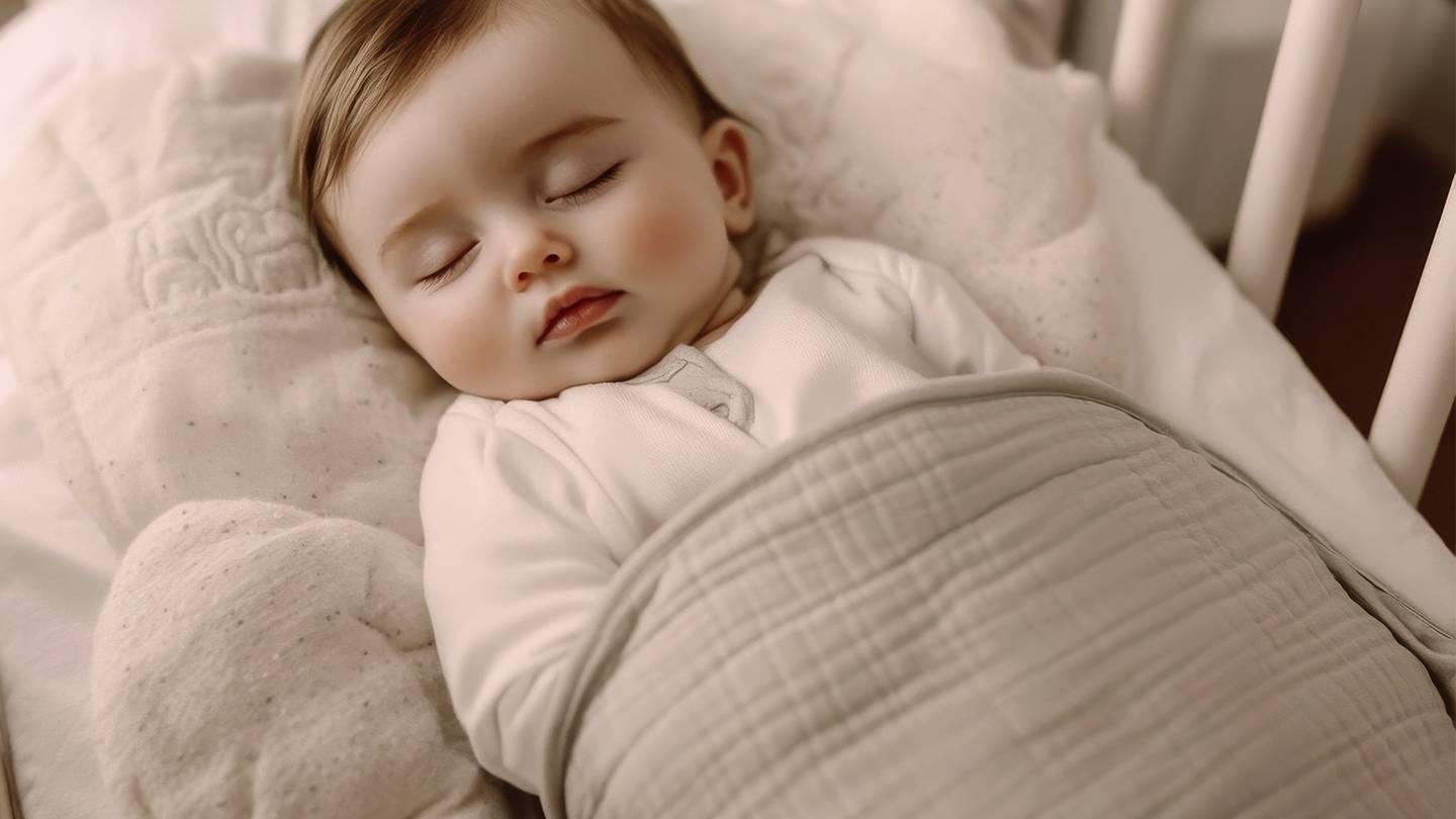 Ein friedliches Baby schläft in einem Kinderbett, eingewickelt in eine weiche beige Decke, mit einem Plüschkissen und einem kuscheligen weißen Strampler.