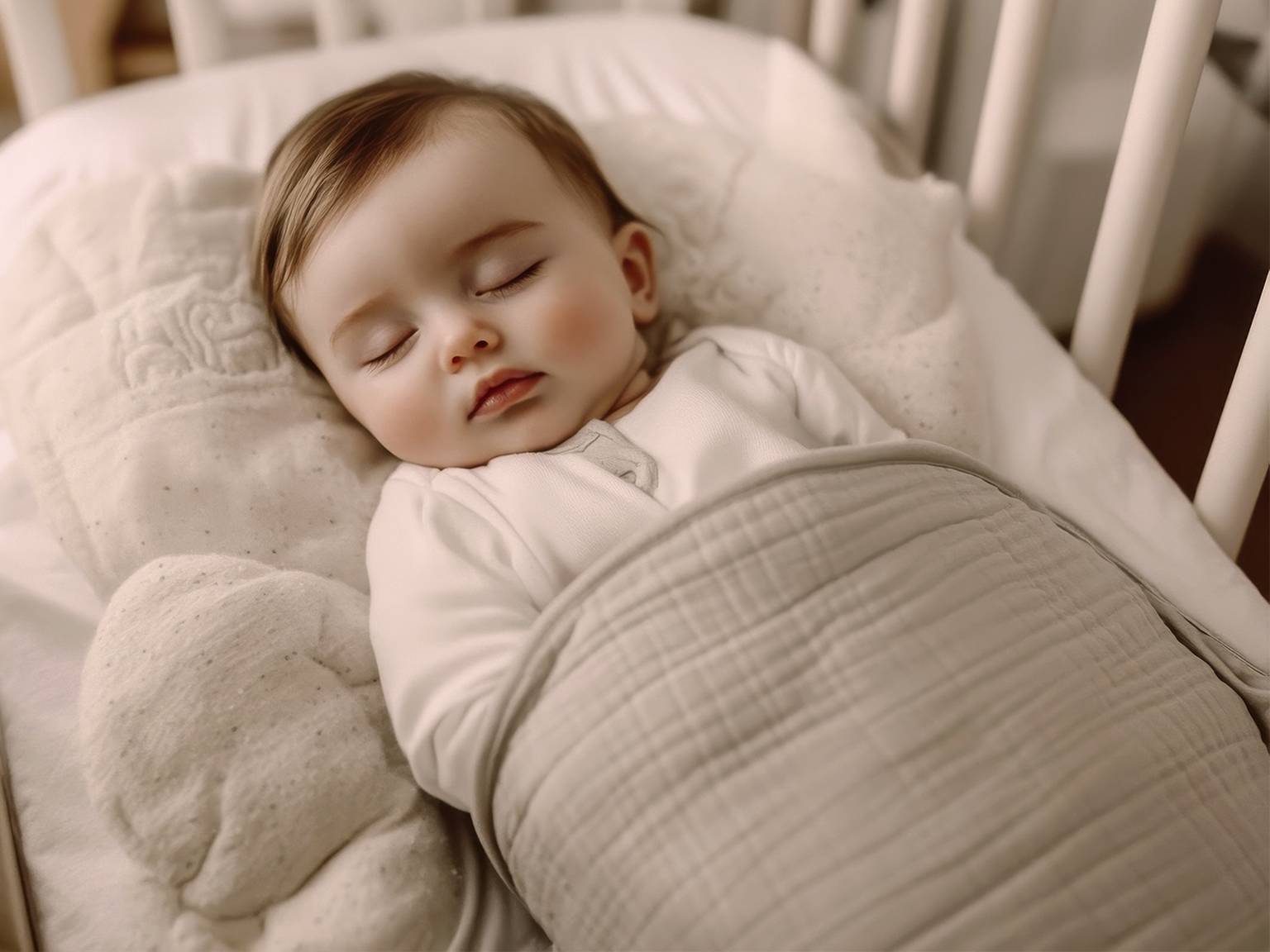 Ein friedliches Baby schläft in einem Kinderbett, eingewickelt in eine weiche beige Decke, mit einem Plüschkissen und einem kuscheligen weißen Strampler.