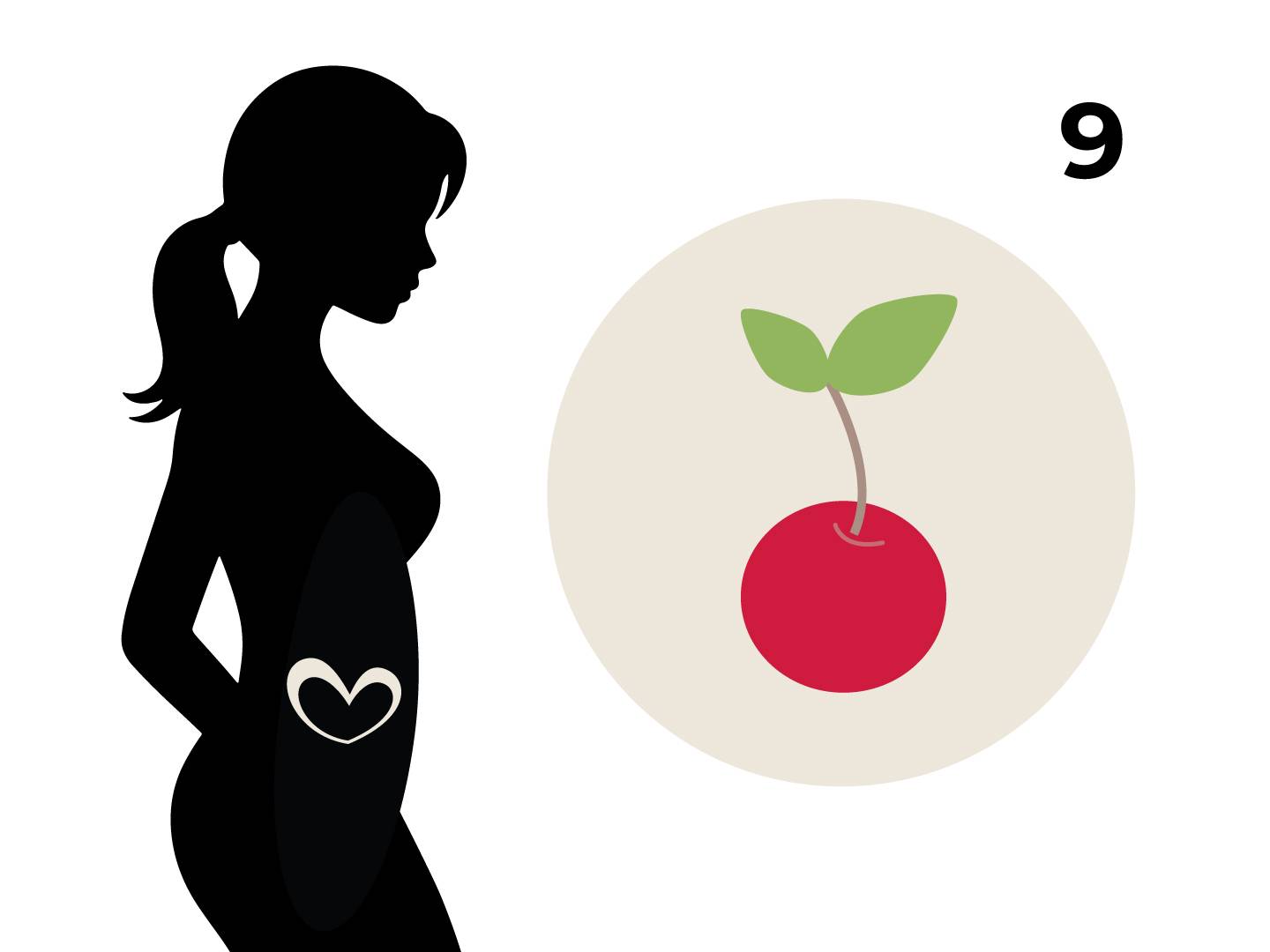 Silhouette einer schwangeren Frau mit einem Herz auf dem Bauch, daneben ein Kreis mit einer Kirsche und die Zahl 9.