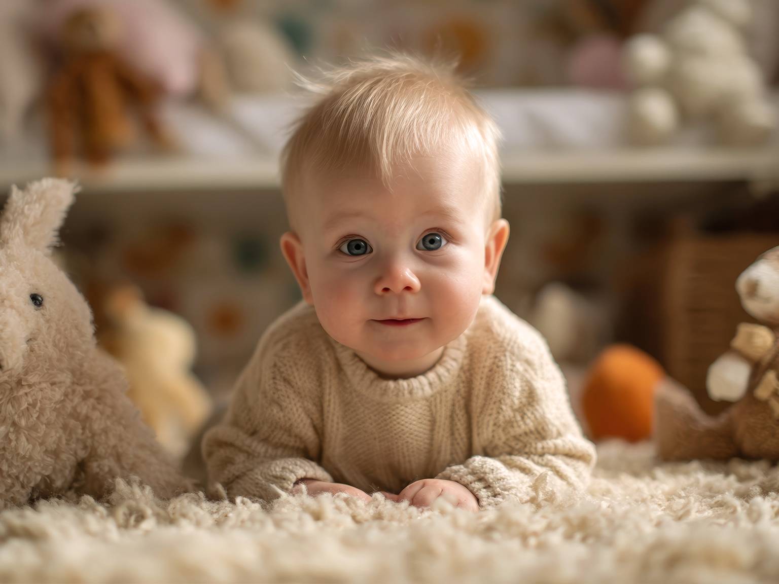 Ein Baby mit blonden Haaren und blauen Augen liegt auf einem weichen, flauschigen Teppich, umgeben von Plüschtieren in einem gemütlichen Zimmer.