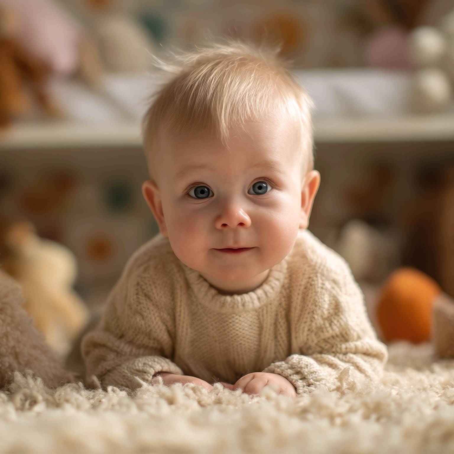 Ein Baby mit blonden Haaren und blauen Augen liegt auf einem weichen, flauschigen Teppich, umgeben von Plüschtieren in einem gemütlichen Zimmer.