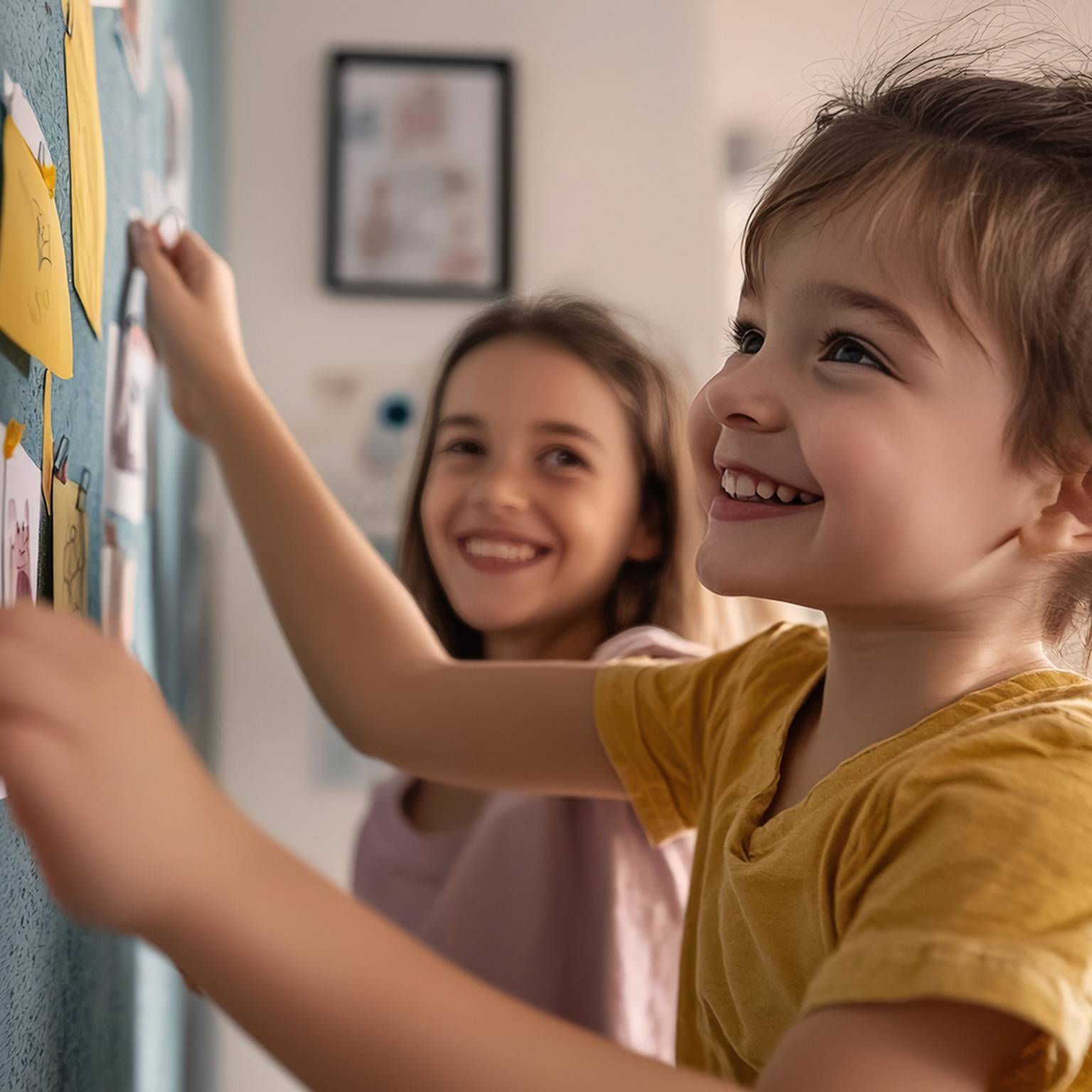 Zwei lächelnde Kinder heften Zeichnungen an eine Pinnwand. Das Mädchen im Vordergrund trägt ein gelbes Shirt, das andere ein rosa Shirt.