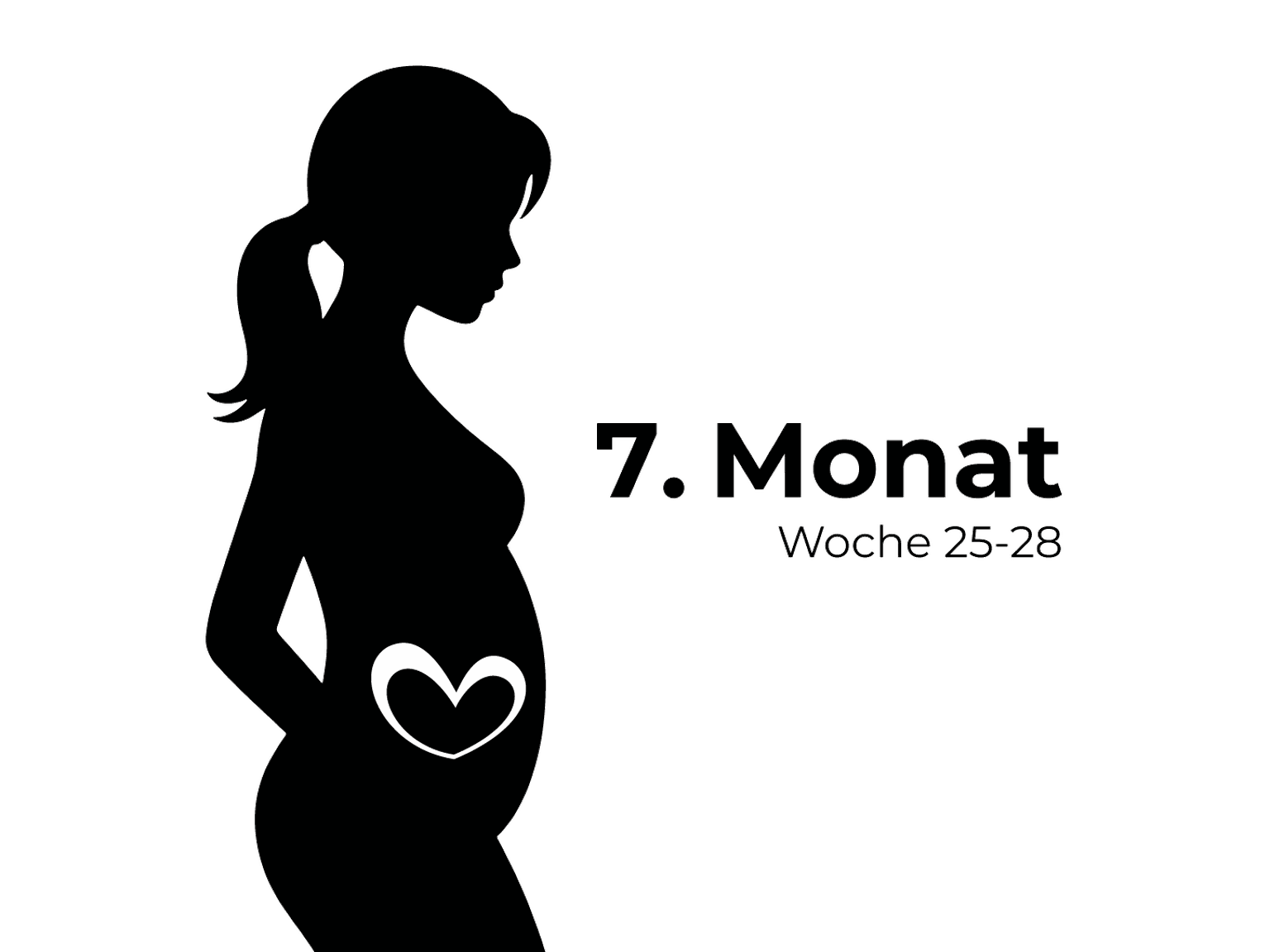 Silhouette einer schwangeren Frau mit einem Herzsymbol auf dem Bauch, beschriftet mit „7. Monat Woche 25-28“ auf weißem Hintergrund.