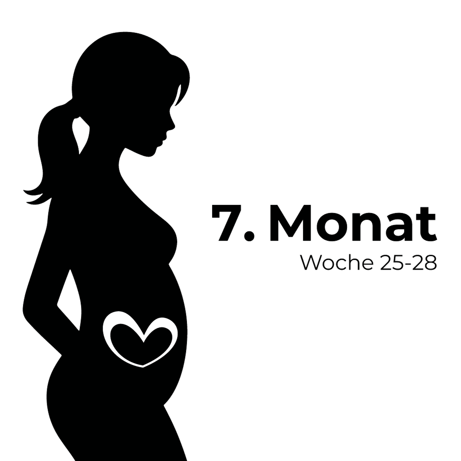 Silhouette einer schwangeren Frau mit einem Herzsymbol auf dem Bauch, beschriftet mit „7. Monat Woche 25-28“ auf weißem Hintergrund.