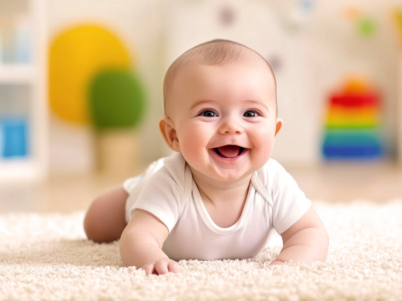 Lächelndes Baby in einem weißen Strampler, das auf einem weichen Teppich liegt, im Hintergrund sind bunte Spielzeuge unscharf.