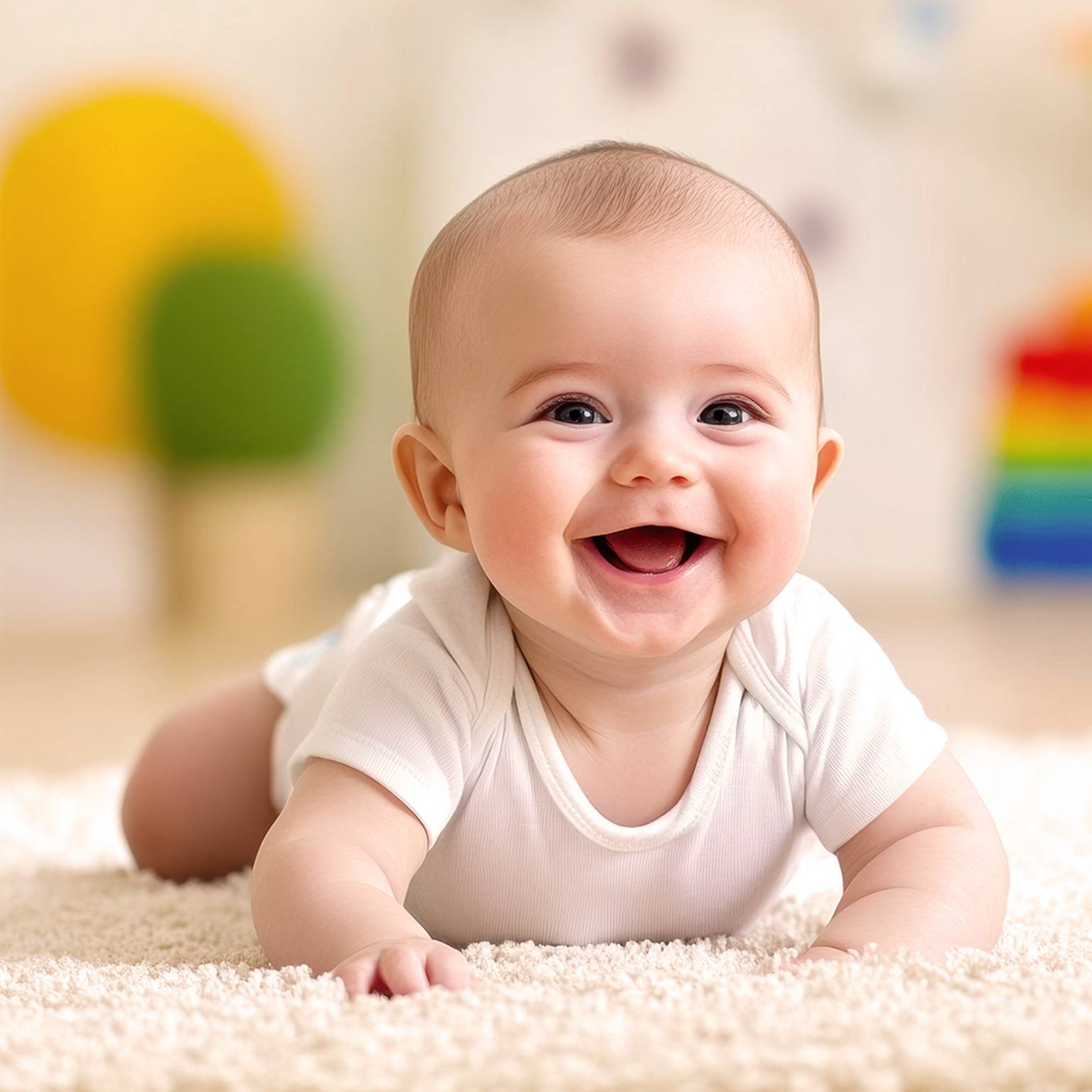 Lächelndes Baby in einem weißen Strampler, das auf einem weichen Teppich liegt, im Hintergrund sind bunte Spielzeuge unscharf.