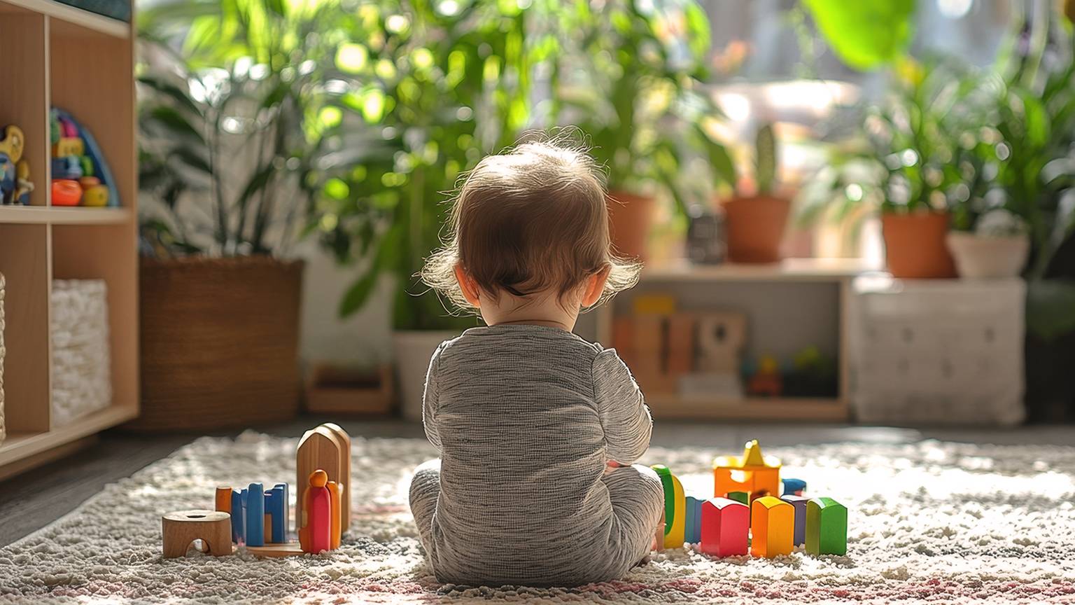 Ein Baby sitzt auf einem Teppich und spielt mit buntem Holzspielzeug, umgeben von Topfpflanzen in einem sonnendurchfluteten Raum.
