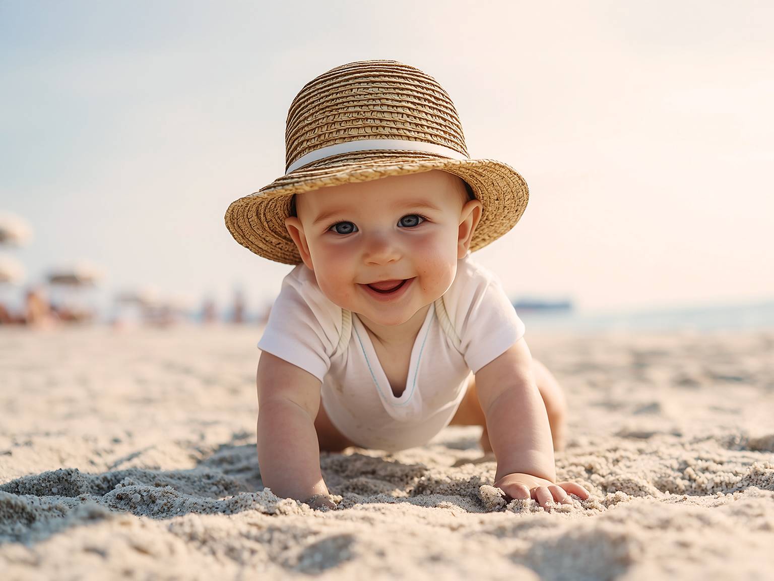 Ein lächelndes Baby mit Strohhut und einem weißen Strampler krabbelt an einem Sandstrand entlang. Im Hintergrund sind eine verschwommene Küstenlinie und ein blauer Himmel zu sehen.