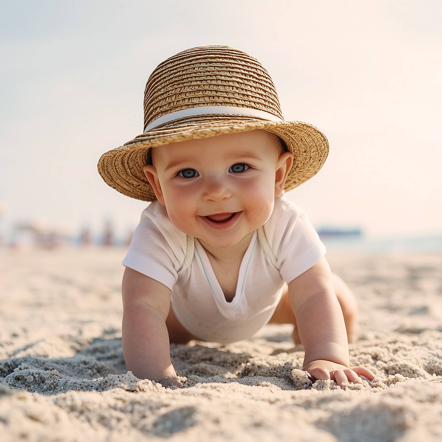 Ein lächelndes Baby mit Strohhut und einem weißen Strampler krabbelt an einem Sandstrand entlang. Im Hintergrund sind eine verschwommene Küstenlinie und ein blauer Himmel zu sehen.