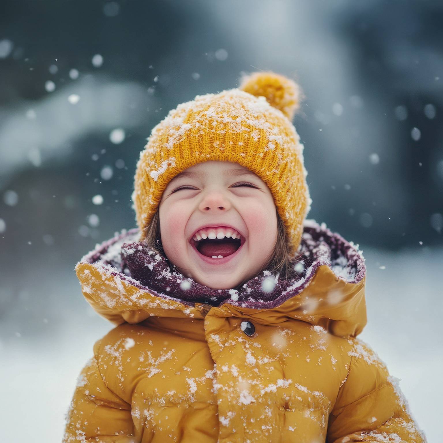 Ein fröhliches Kind in einem gelben Mantel und einer Mütze lacht, während um sie herum Schneeflocken fallen und eine Winterwunderlandszene schaffen.