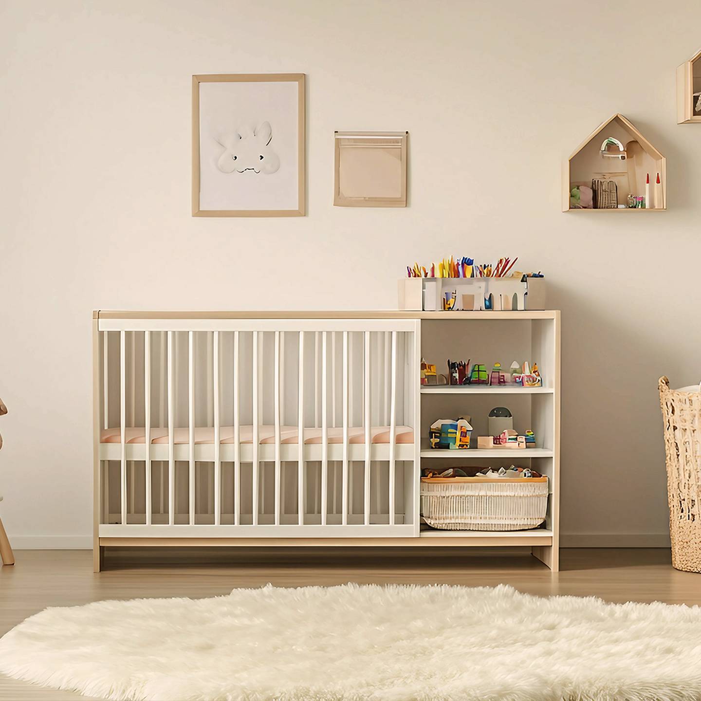 Gemütliches Kinderzimmer mit Kinderbett, flauschigem Teppich und Holzregalen für Spielzeug und Bastelutensilien. Neutrale Töne und sanfte Beleuchtung schaffen eine warme Atmosphäre.