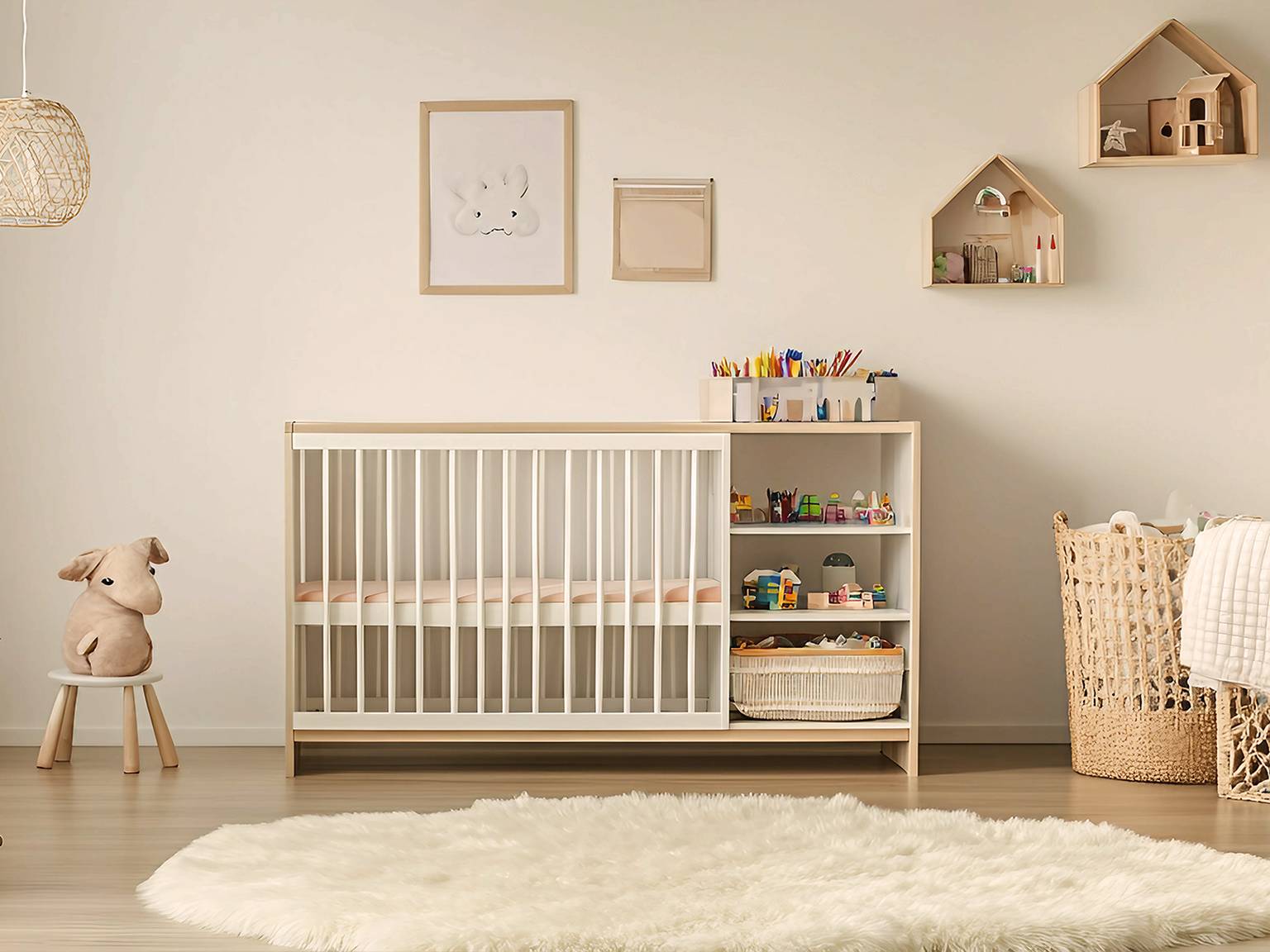 Gemütliches Kinderzimmer mit Kinderbett, flauschigem Teppich und Holzregalen für Spielzeug und Bastelutensilien. Neutrale Töne und sanfte Beleuchtung schaffen eine warme Atmosphäre.