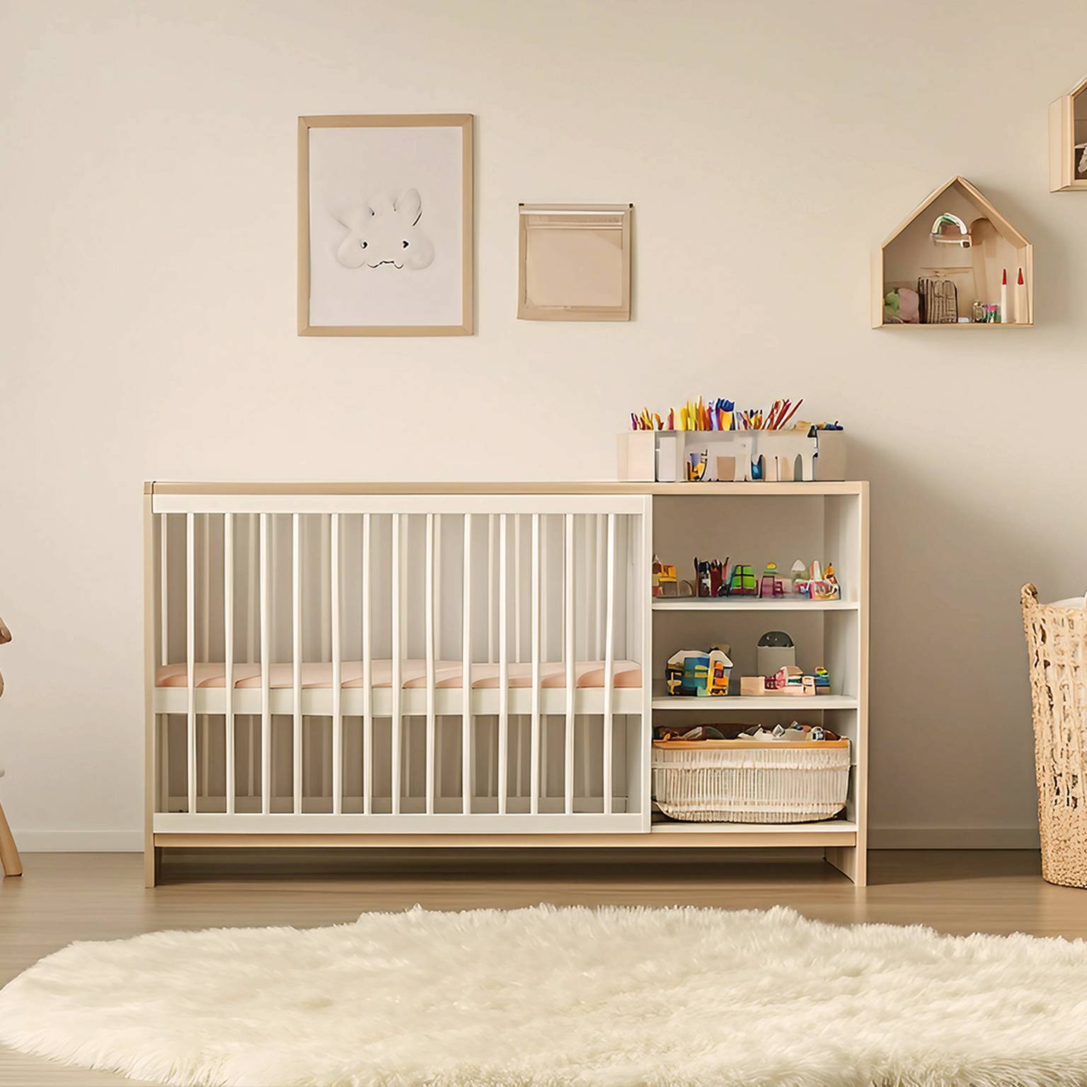 Gemütliches Kinderzimmer mit Kinderbett, flauschigem Teppich und Holzregalen für Spielzeug und Bastelutensilien. Neutrale Töne und sanfte Beleuchtung schaffen eine warme Atmosphäre.